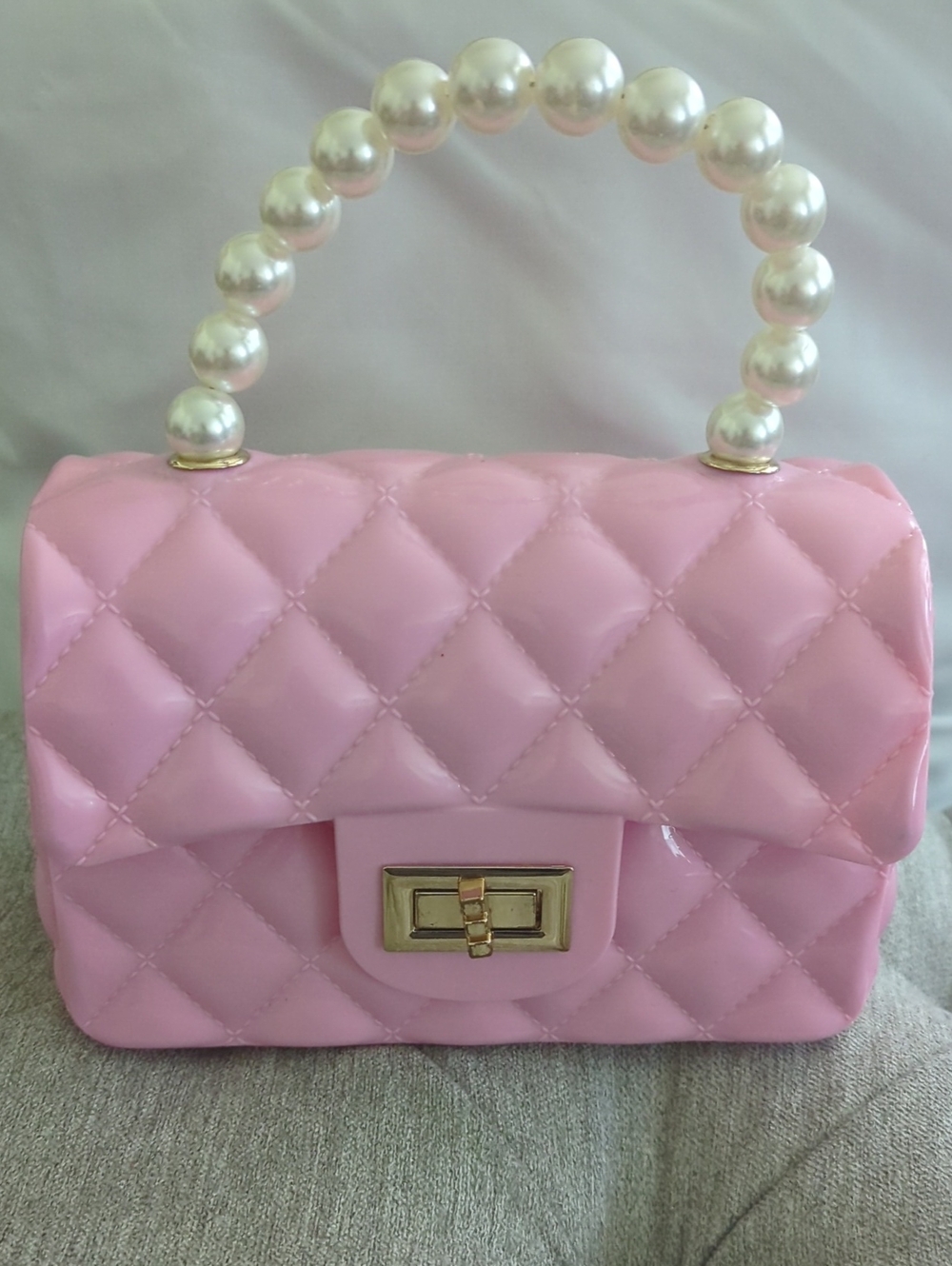 Pink Jelly Quilted Pearl-Handle Top Handle Bag 100% PVC NWOT